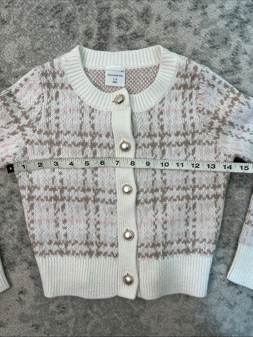 ABERCROMBIE KIDS CARDIGAN PEARL AND GOLD BUTTONS TAN PINK CREAM GIRLS SZ 7/8 - Picture 12 of 13